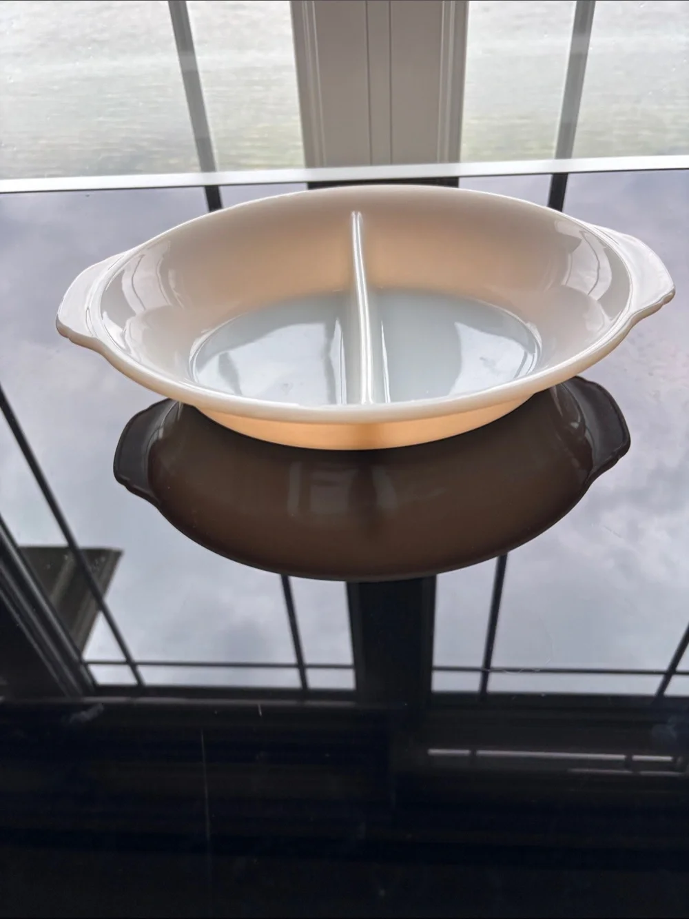 Fire King Peach divided casserole dish